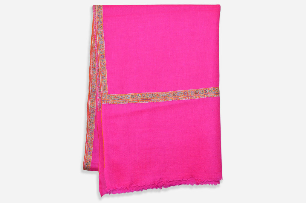 Hot Pink Cashmere Scarf With Stunning Border Embroidery