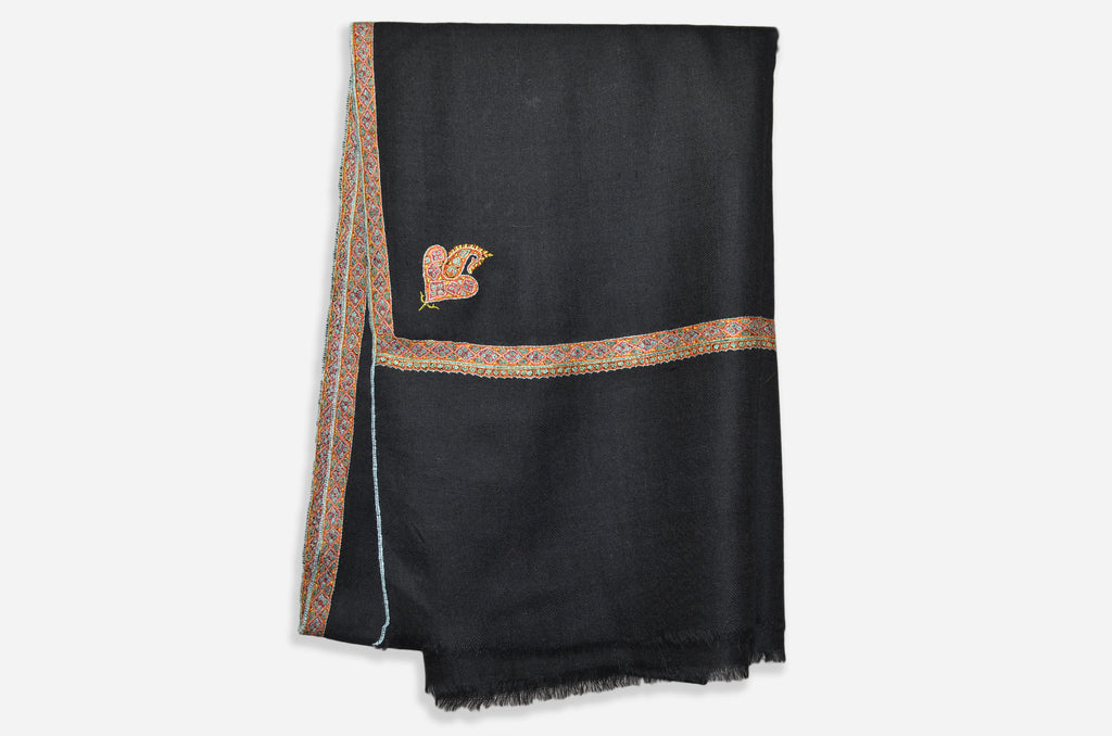 Black Cashmere Scarf With Beautiful Border Embroidery