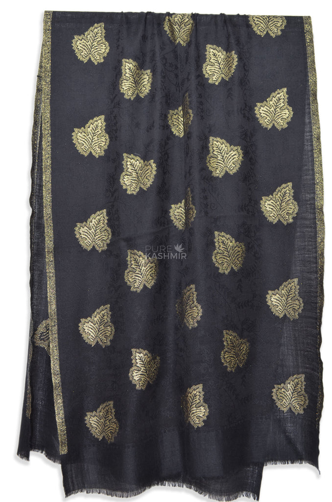 Black Merino Wool Scarf With Zari Woven Leaf Motifs