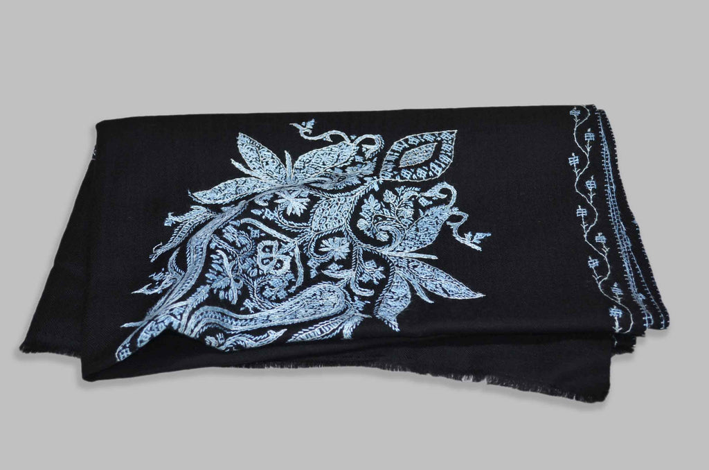 Black Merino Sozni Motifs Hand Embroidery Scarf