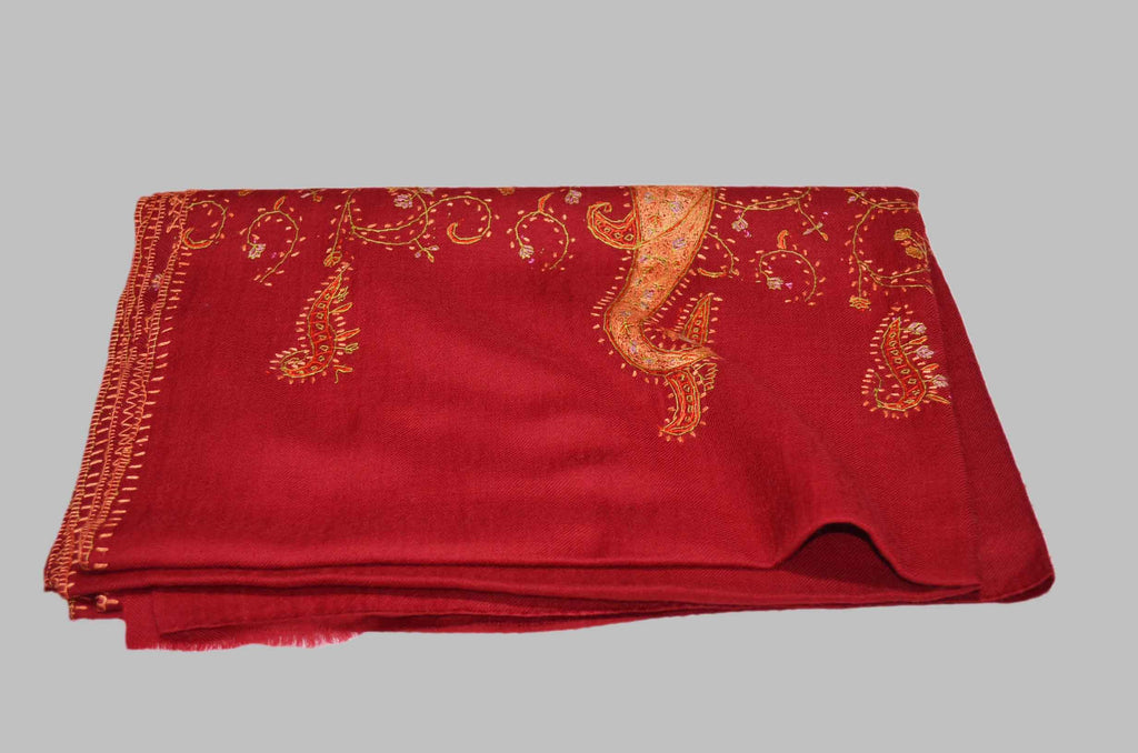 Maroon Merino Sozni Border Hand Embroidery Scarf