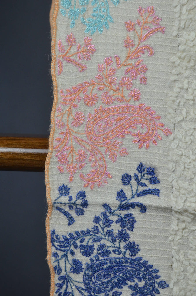 Ivory Base Cashmere Embroidered Travel Wrap