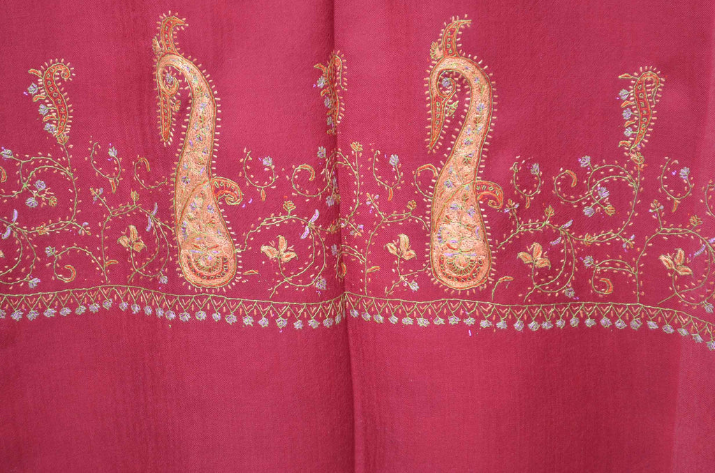 Maroon Merino Sozni Border Hand Embroidery Scarf