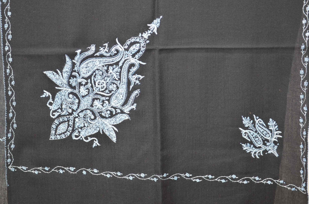 Black Merino Sozni Motifs Hand Embroidery Scarf