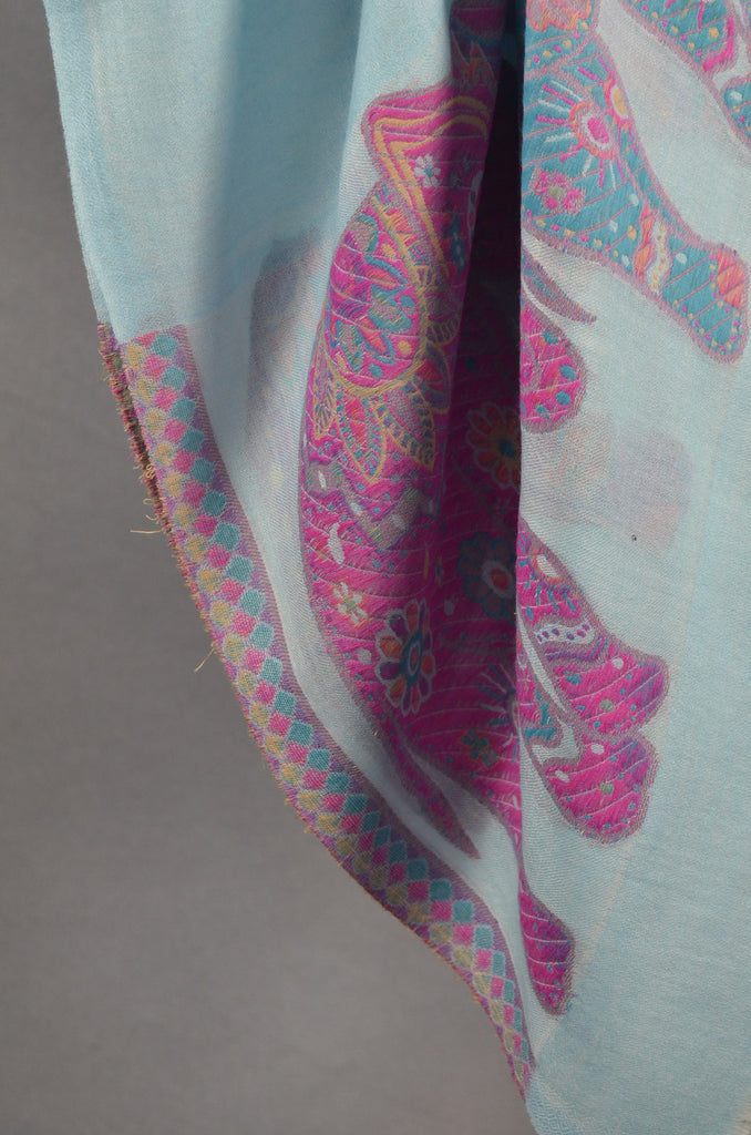 Light Turquoise Base Elephant Border Merino Scarf