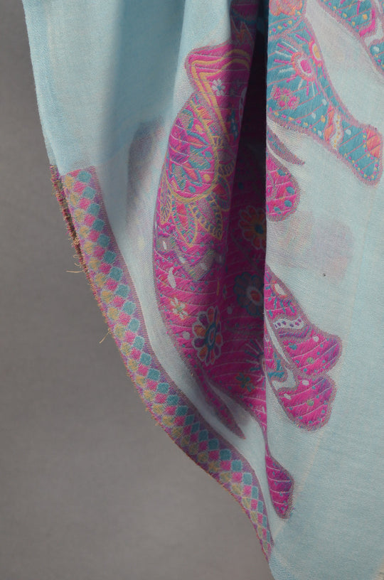 Light Turquoise Base Elephant Border Merino Scarf