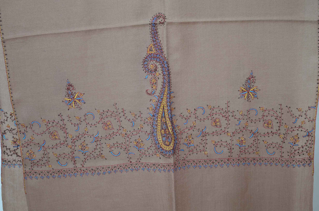 Natural Un Dyed Merino Sozni Border Hand Embroidery Scarf