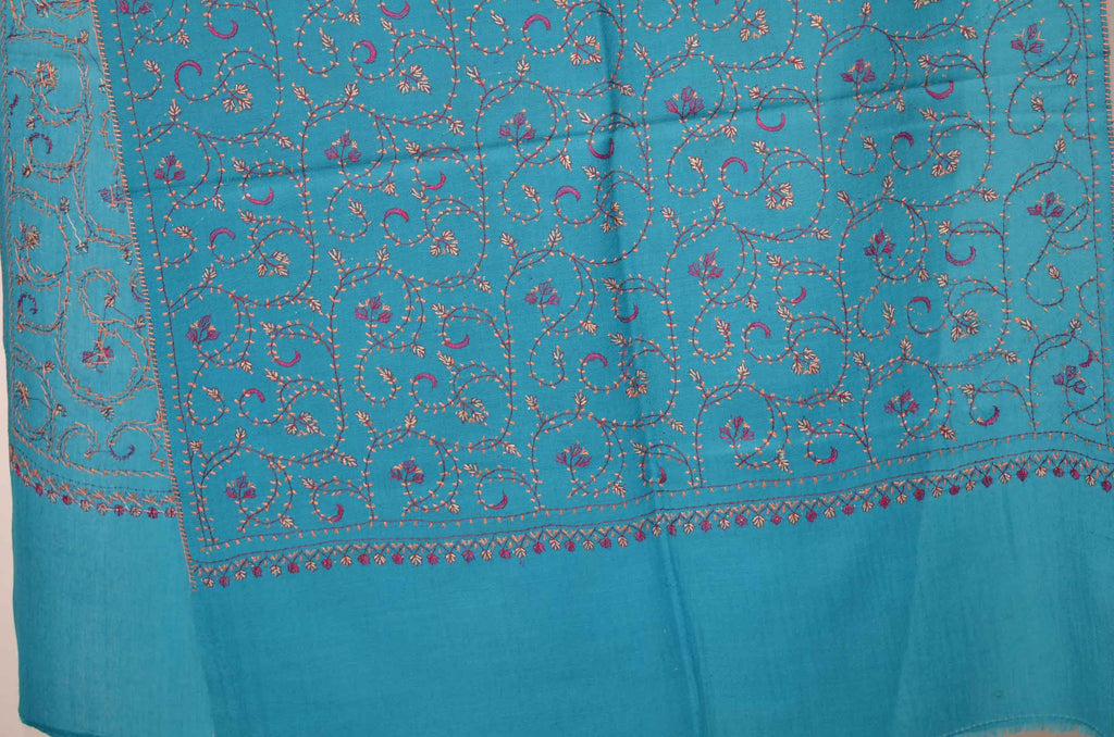Turquoise Merino Sozni Jali Hand Embroidery Scarf
