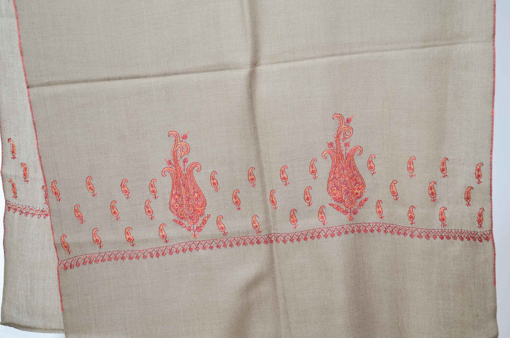 Brown Merino Sozni Motifs Hand Embroidery Scarf