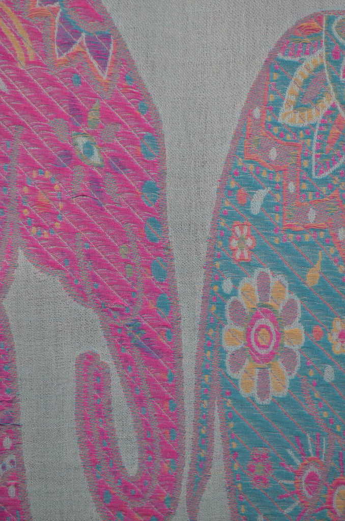 Light Turquoise Base Elephant Border Merino Scarf