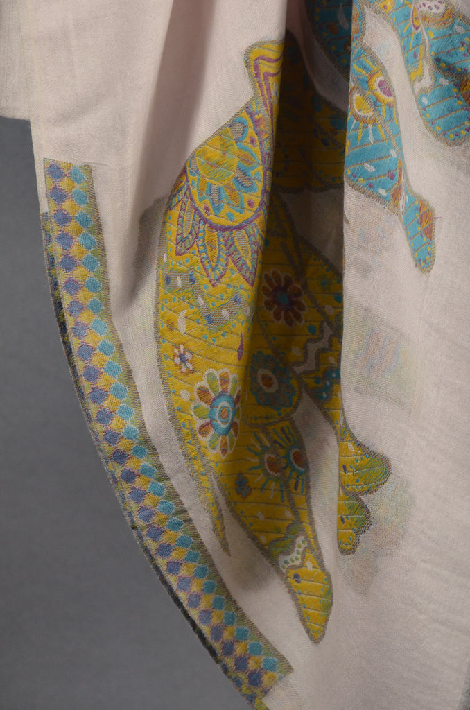 Ivory Base Elephant Border Merino Scarf