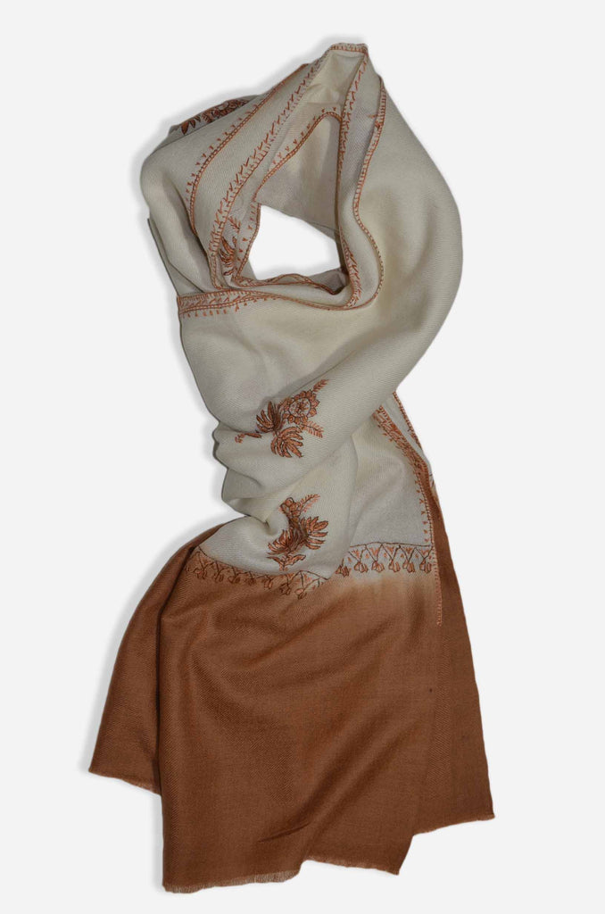 Ivory And Brown Merino Sozni Hand Embroidery Shawl
