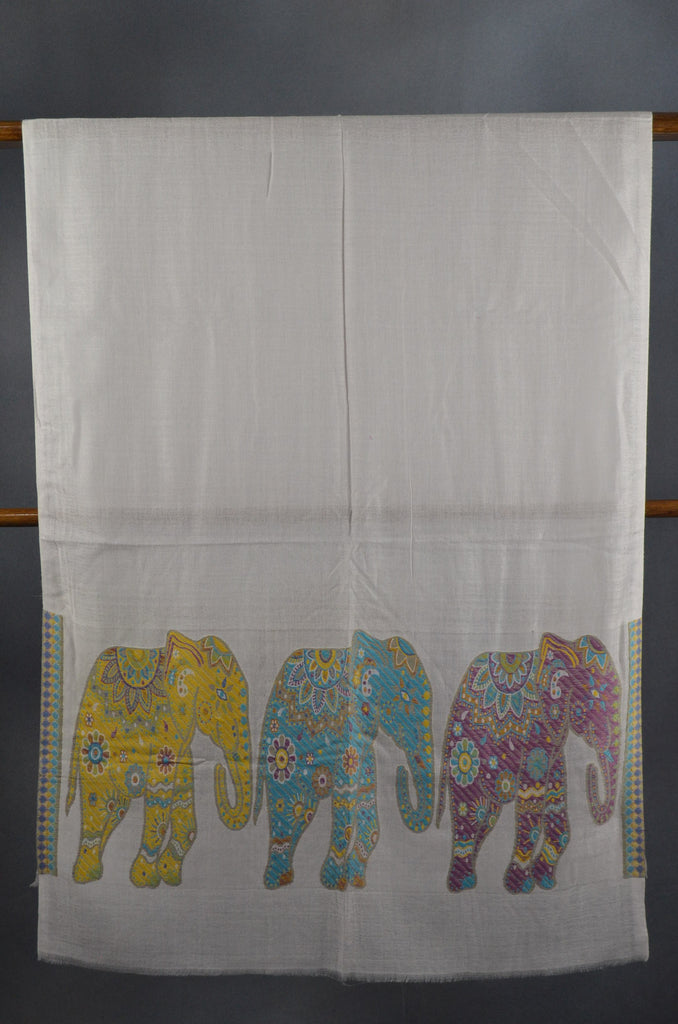 Ivory Base Elephant Border Merino Scarf