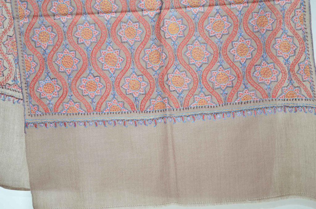 Natural Brown Merino Sozni Jamawar Hand Embroidery Scarf