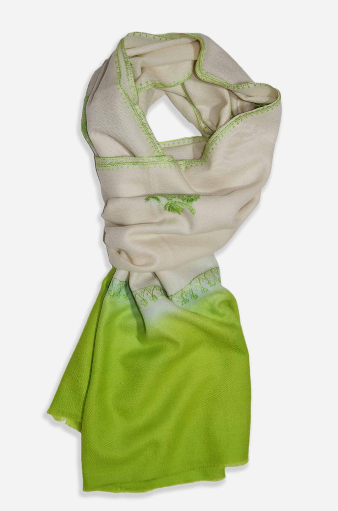 Ivory And Green Merino Sozni Hand Embroidery Shawl
