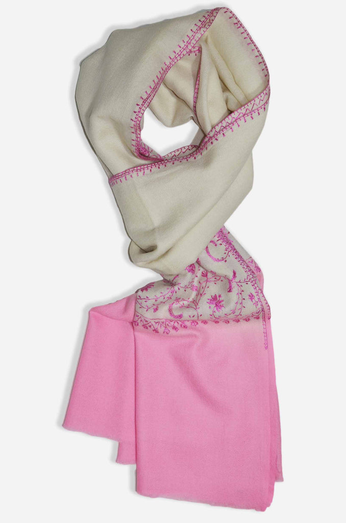Ivory And Pink Merino Sozni Hand Embroidery Scarf