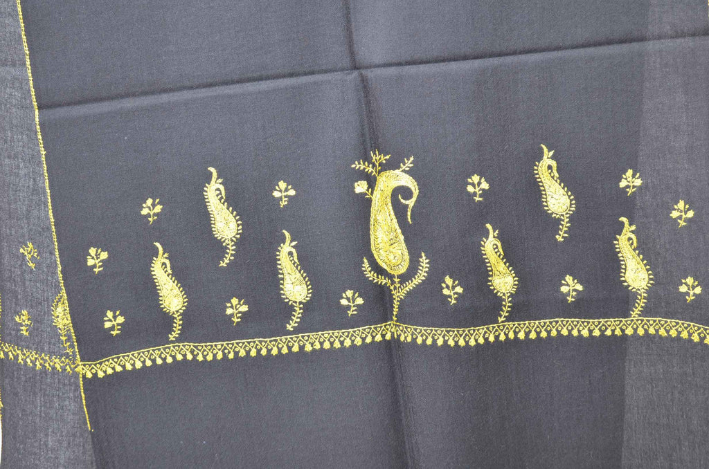 Black Merino Sozni Border Motif Hand Embroidery Scarf