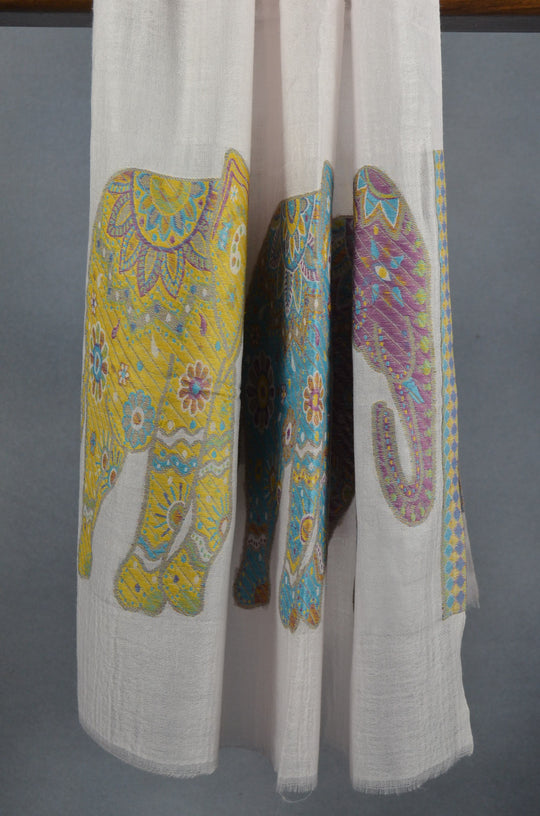 Ivory Base Elephant Border Merino Scarf