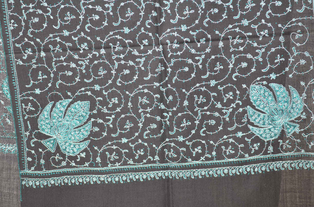 Black Merino Sozni Jali Hand Embroidery Scarf