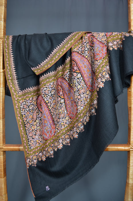 Black Big Border Embroidery Cashmere Pashmina Shawl