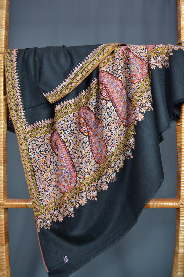 Black Big Border Embroidery Cashmere Pashmina Shawl