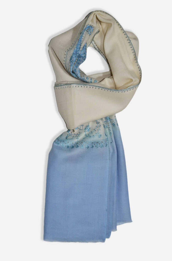 Ivory And Blue Merino Sozni Hand Embroidery Scarf