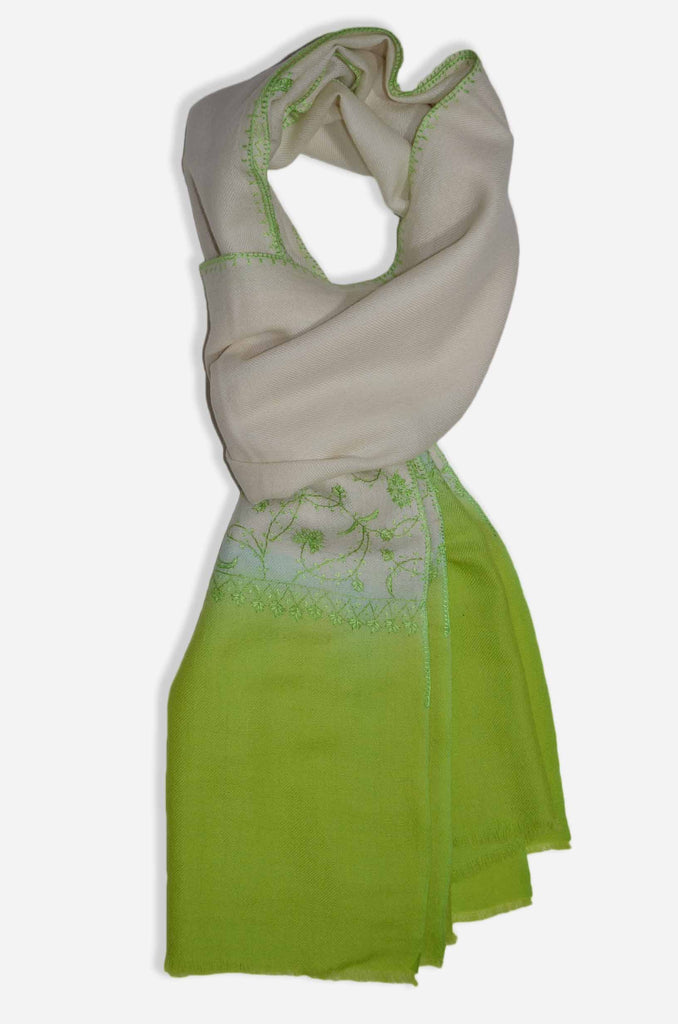 Ivory And Green Merino Sozni Hand Embroidery Scarf