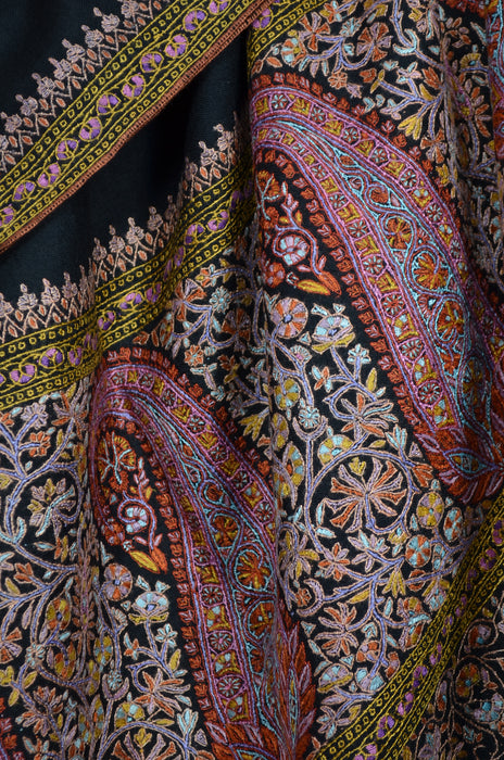 Black Big Border Embroidery Cashmere Pashmina Shawl