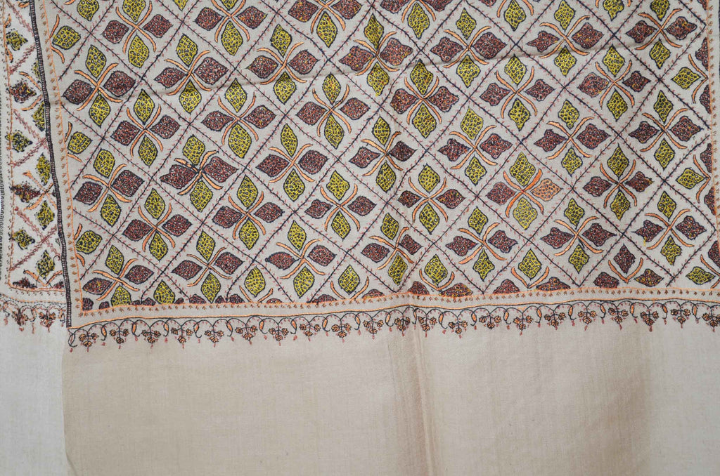 Natural Merino Sozni Jamawar Hand Embroidery Scarf