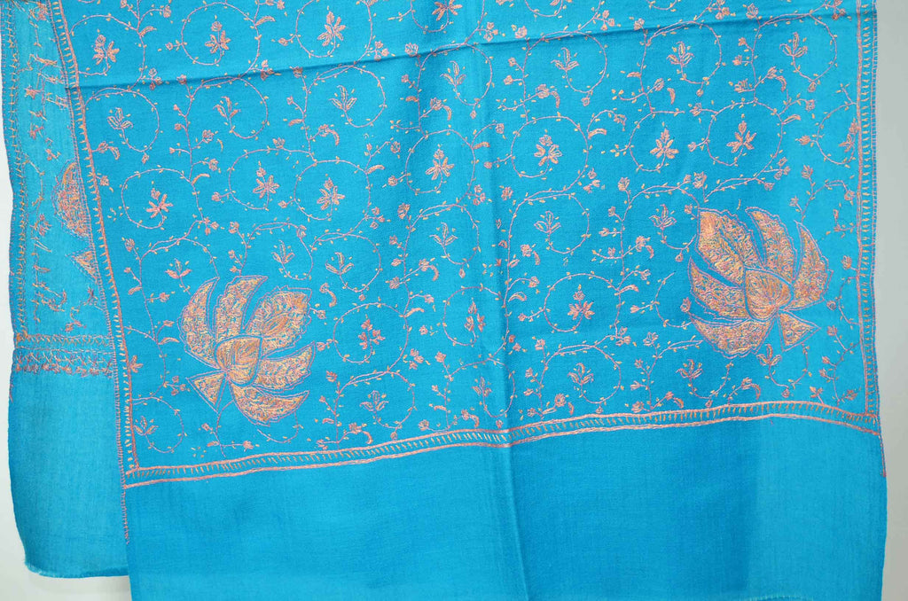 Royal Blue Merino Sozni Jali Hand Embroidery Scarf