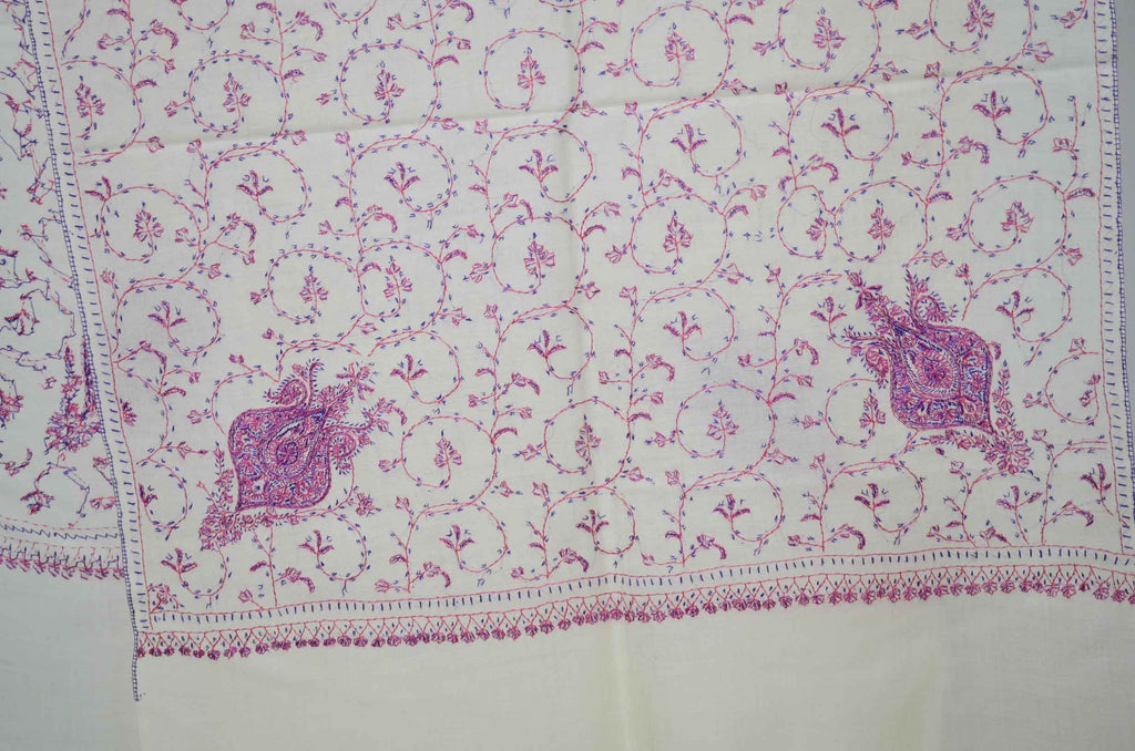 Ivory Merino Sozni Jali Hand Embroidery Scarf