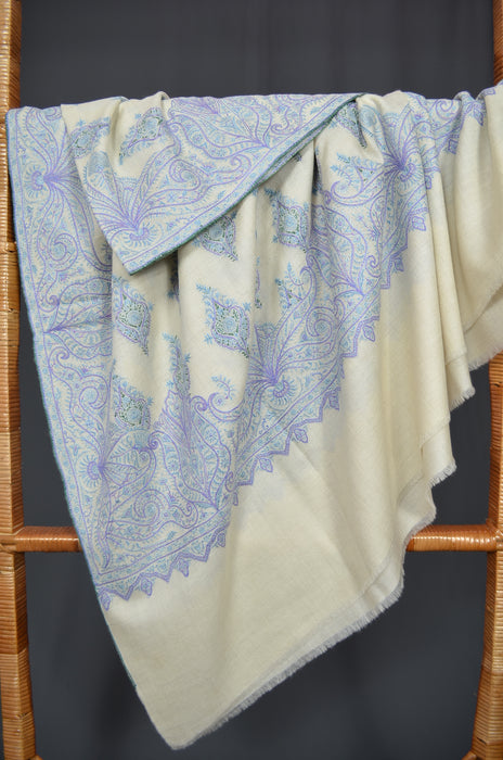 Ivory Big Border Embroidery Cashmere Pashmina Shawl with Beautiful Motifs