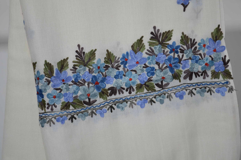 Ivory Merino Wool Aari Embroidered Big Border and Motif Scarf