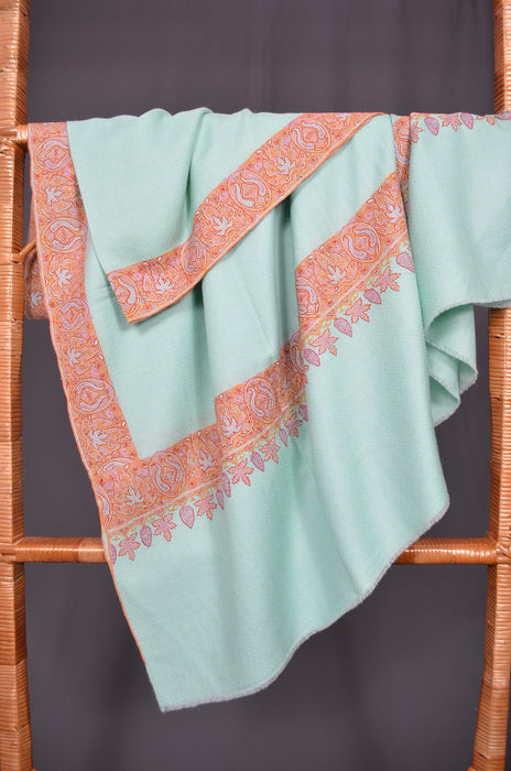 Sea Green Big Border Embroidery Cashmere Pashmina Shawl
