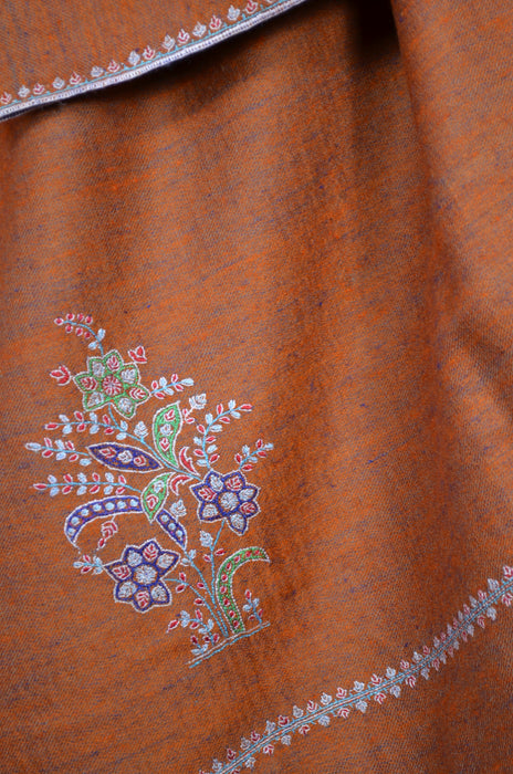 Brown Reversible Border Embroidery Cashmere Pashmina Shawl