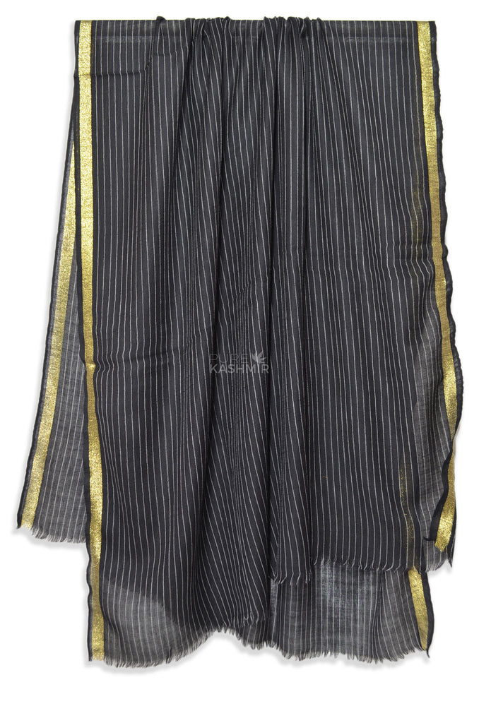 Zari Border And Thin Stripes Black Merino Shawl