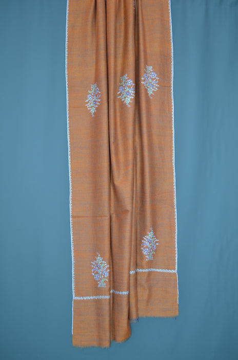 Brown Reversible Border Embroidery Cashmere Pashmina Shawl