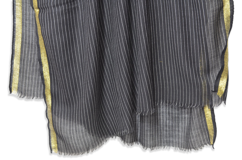 Zari Border And Thin Stripes Black Merino Shawl