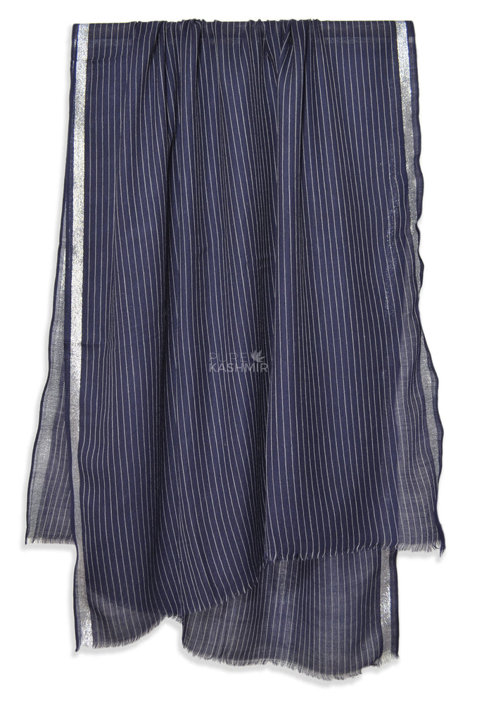 Zari Border And Thin Stripes Blue Merino Shawl
