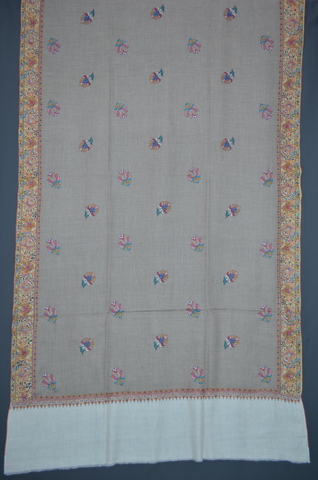 Un Dyed Natural Big Border Embroidery Cashmere Pashmina Shawl with Beautiful Motifs