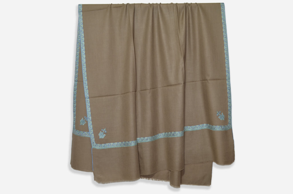Un-dyed Natural Brown Pashmina Shawl with Beautifully Crafted Border