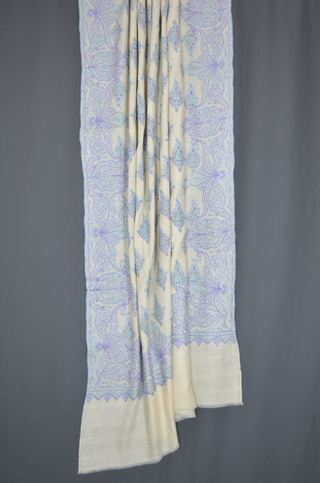 Ivory Big Border Embroidery Cashmere Pashmina Shawl with Beautiful Motifs