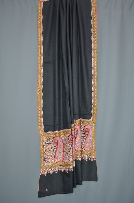 Black Big Border Embroidery Cashmere Pashmina Shawl