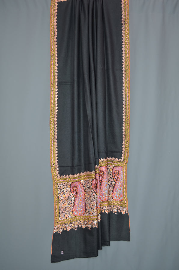 Black Big Border Embroidery Cashmere Pashmina Shawl