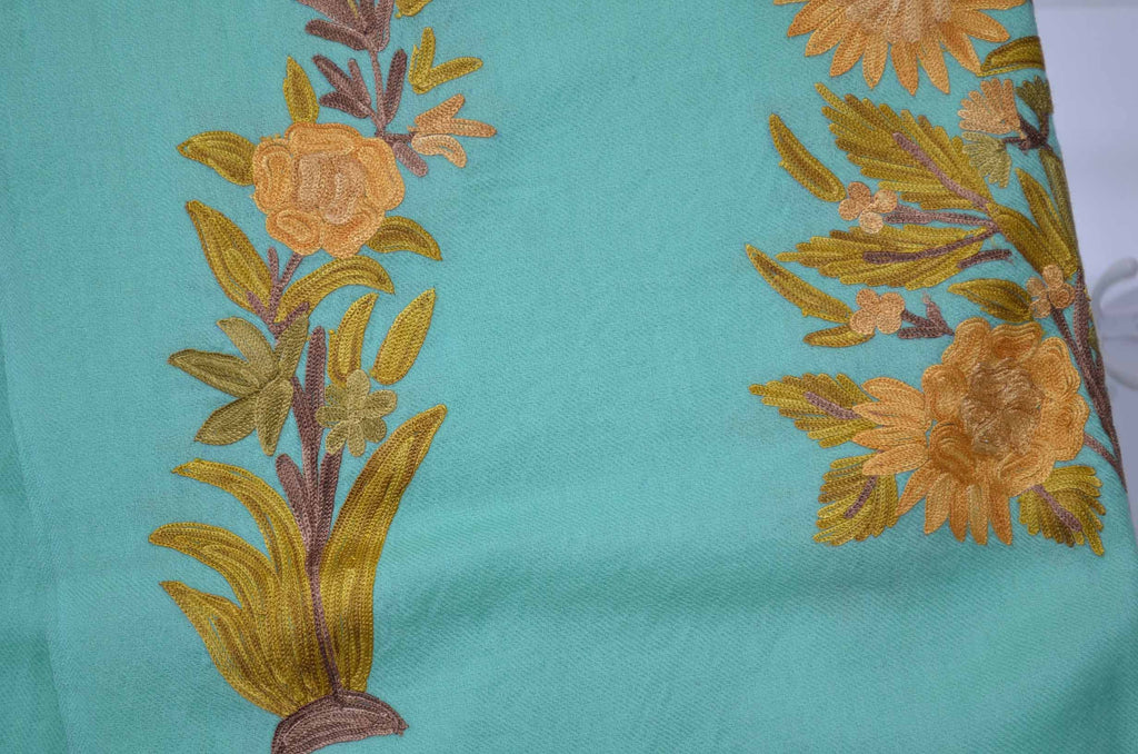 Mint Green Merino Wool Aari Work Scarf