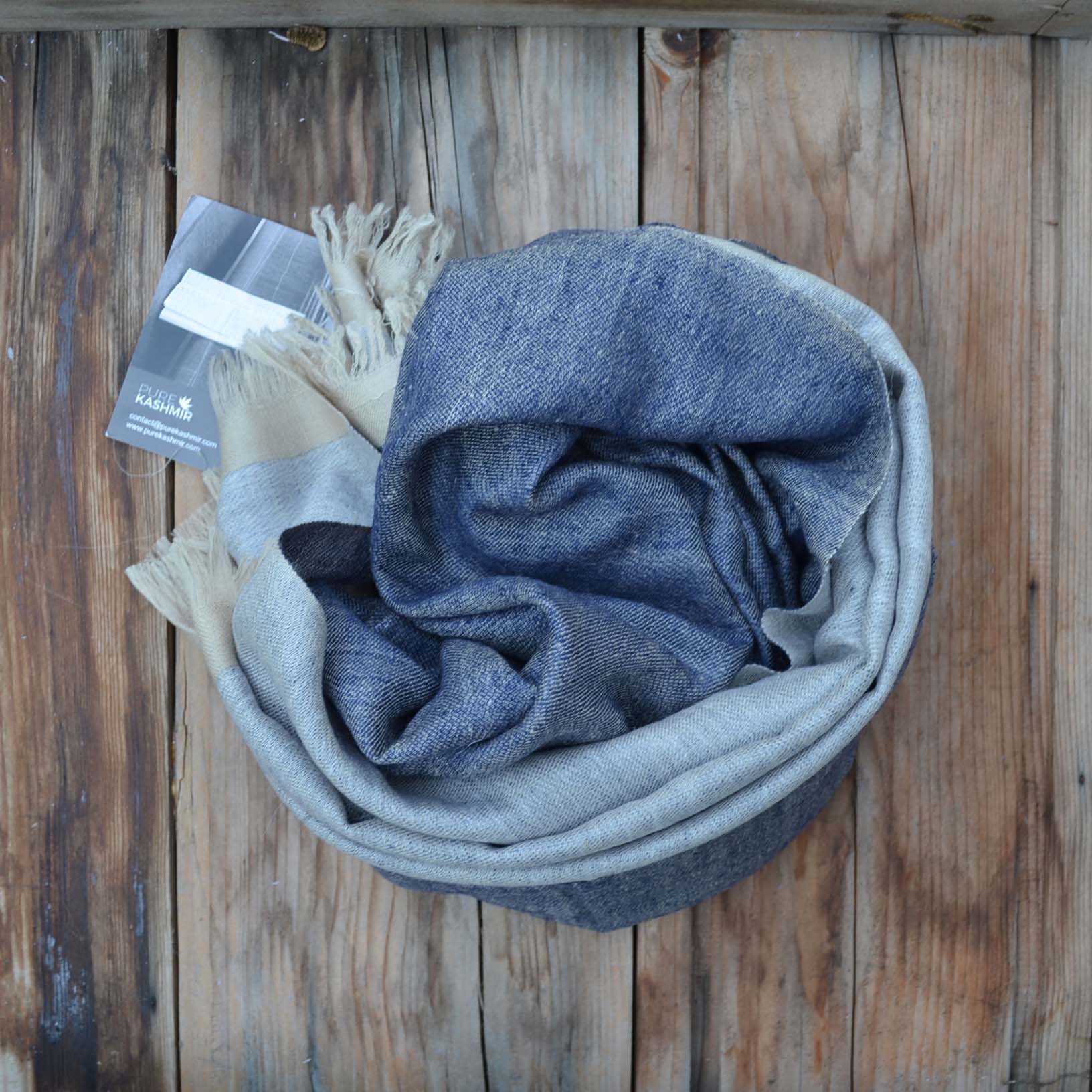 Reversible Dark Navy and Grey Cashmere Pashmina Handwoven Shawl