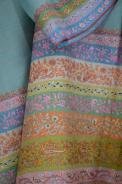 Sea Blue Big Border Embroidery Cashmere Pashmina Shawl