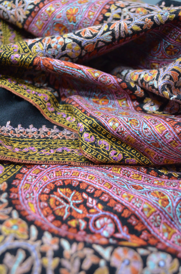 Black Big Border Embroidery Cashmere Pashmina Shawl