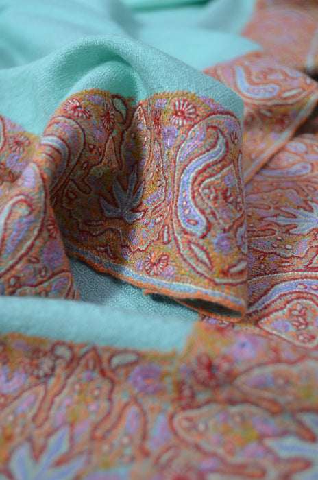 Sea Green Big Border Embroidery Cashmere Pashmina Shawl