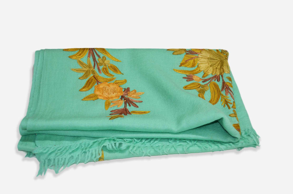 Mint Green Merino Wool Aari Work Scarf